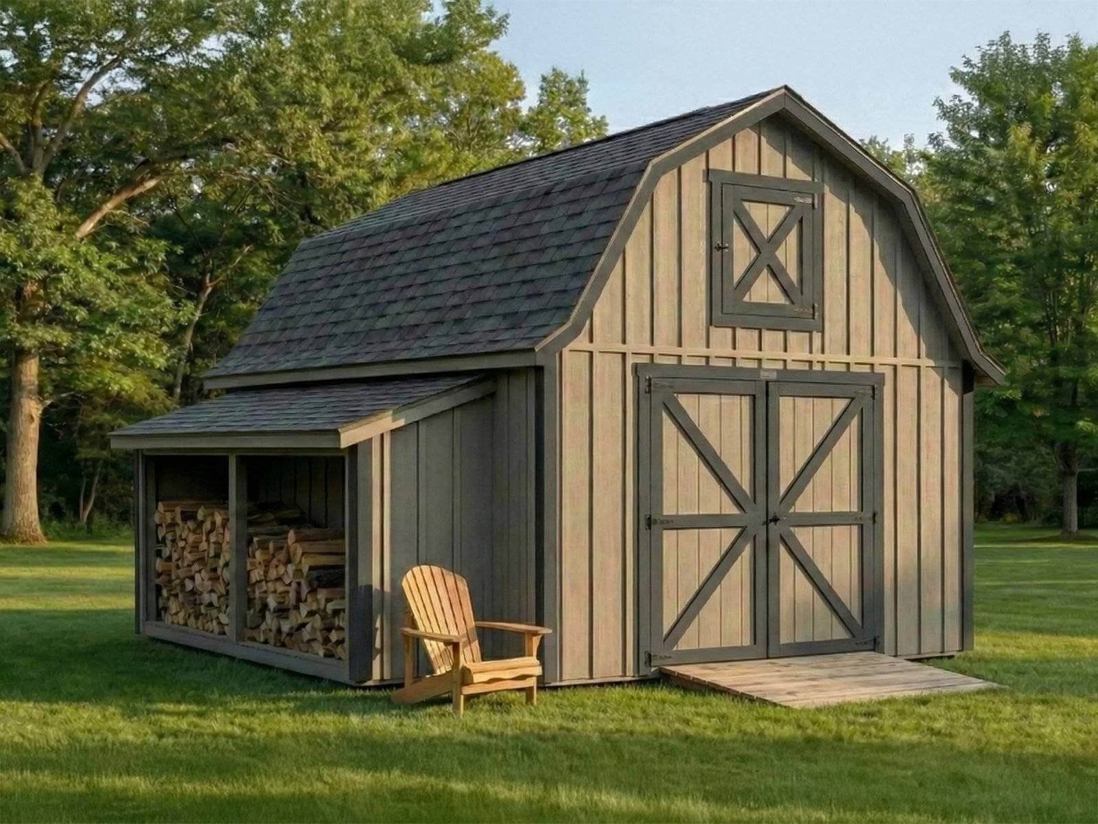 Ed's Backyard Builds Appalachian Barn Shed with gambrel roof, double doors, and attached wood storage