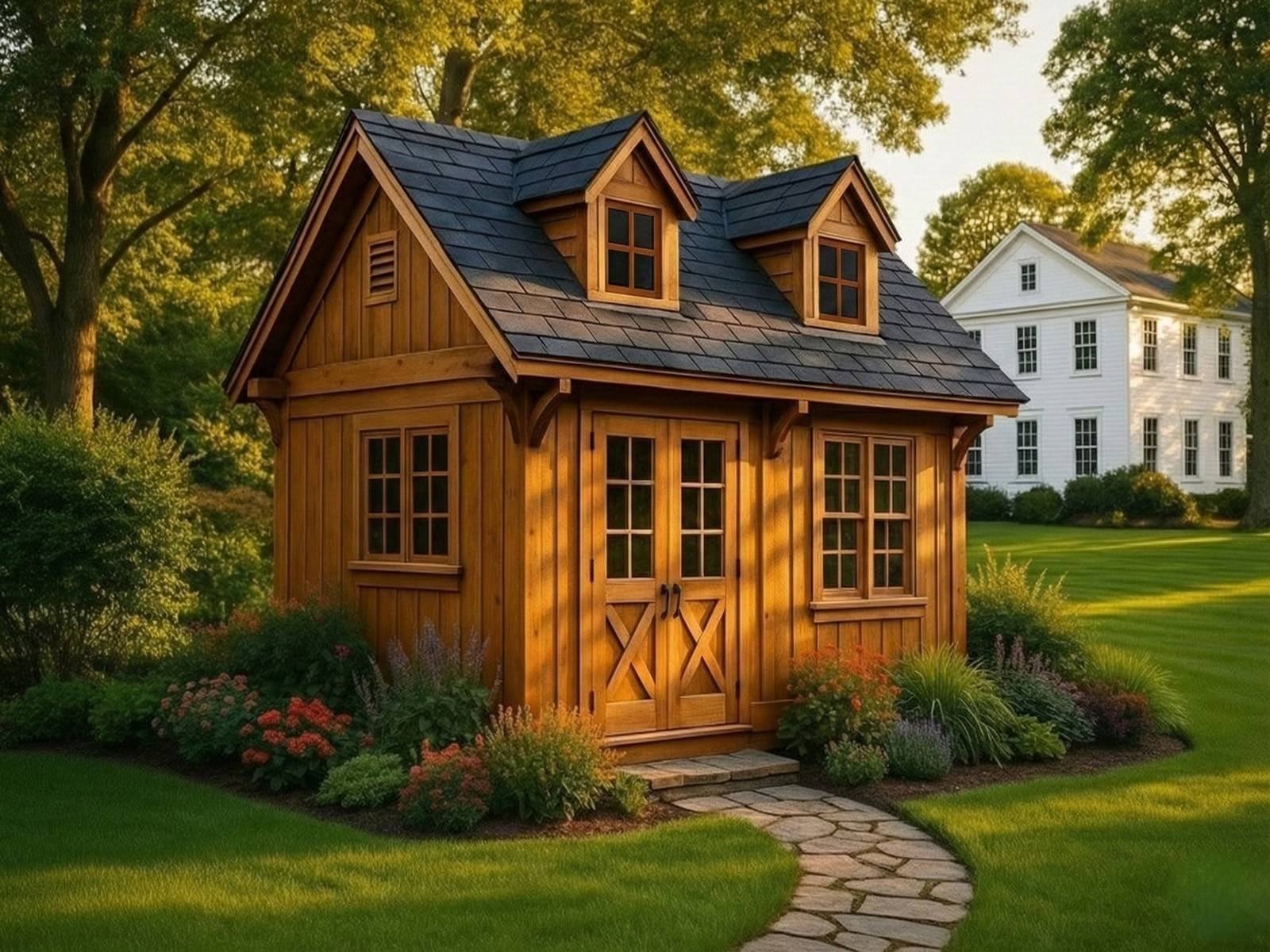 Ed's Backyard Builds Appalachian Carriage House with warm stain siding, double dormers, and premium backyard architecture