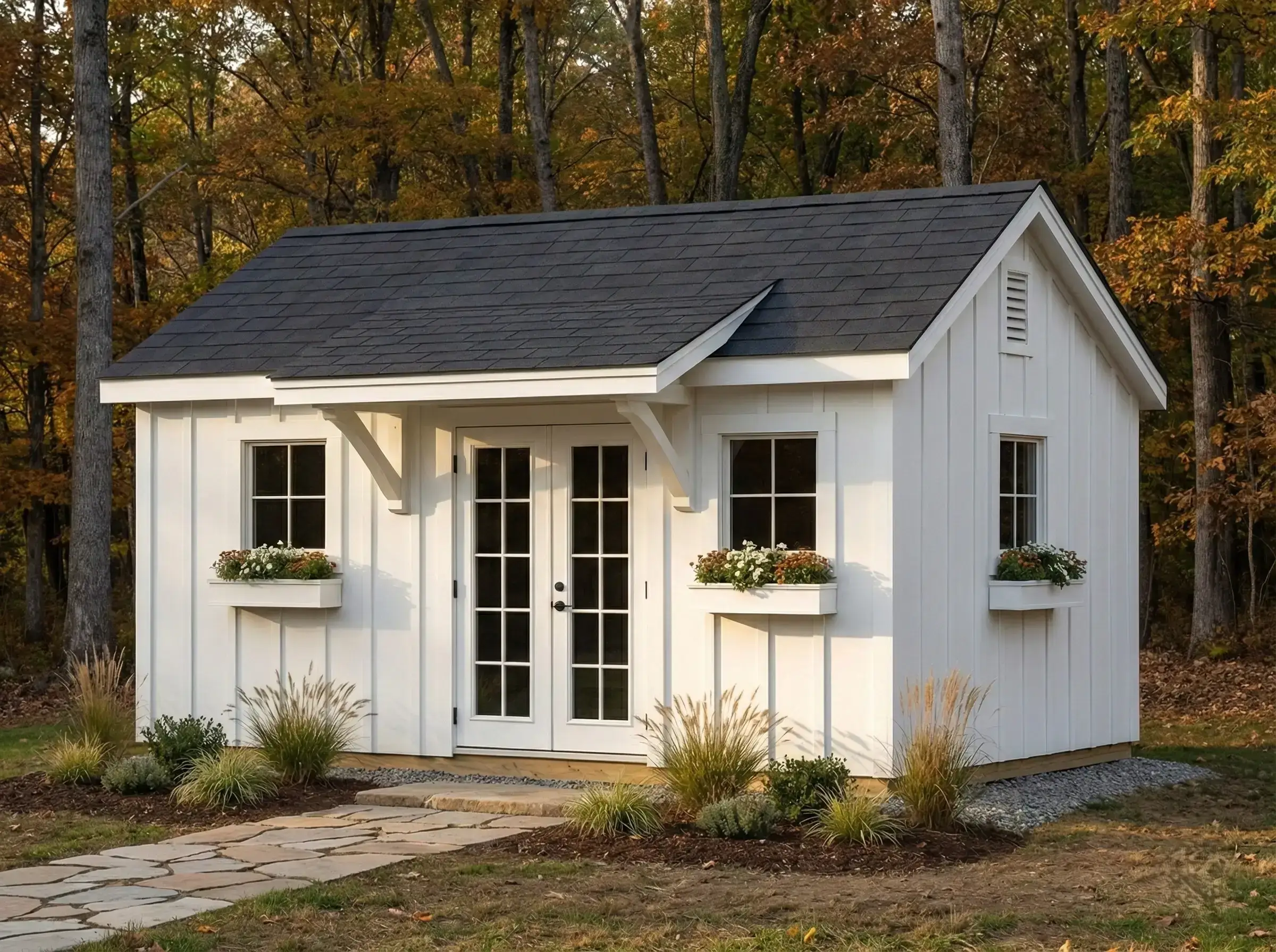 Ed's Backyard Builds Appalachian Classic backyard structure with white board and batten siding, double doors, and premium backyard placement
