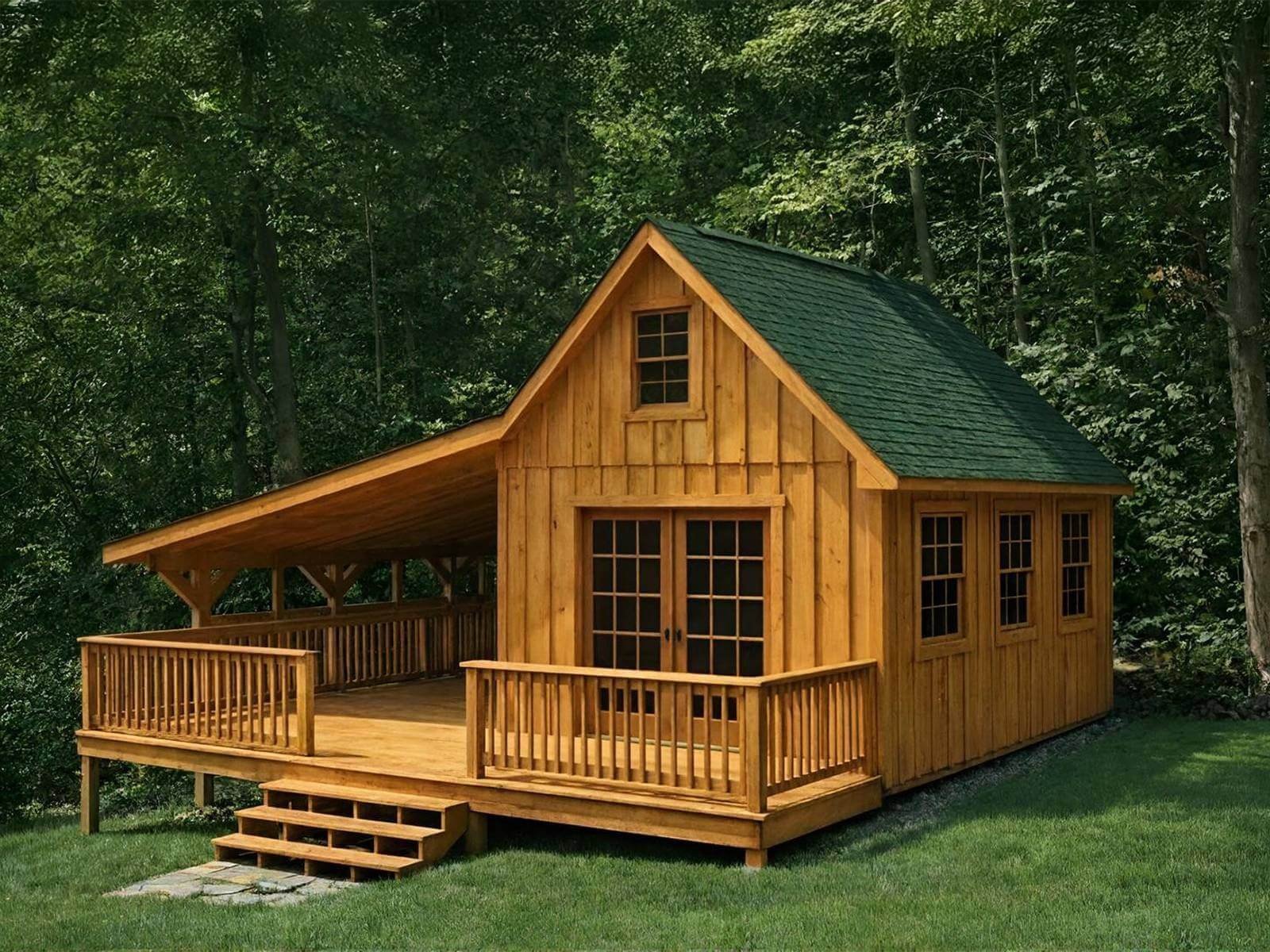 Ed's Backyard Builds Grandpa Holt's Workshop with honey pine board and batten siding, porch deck, windows, and Appalachian workshop style