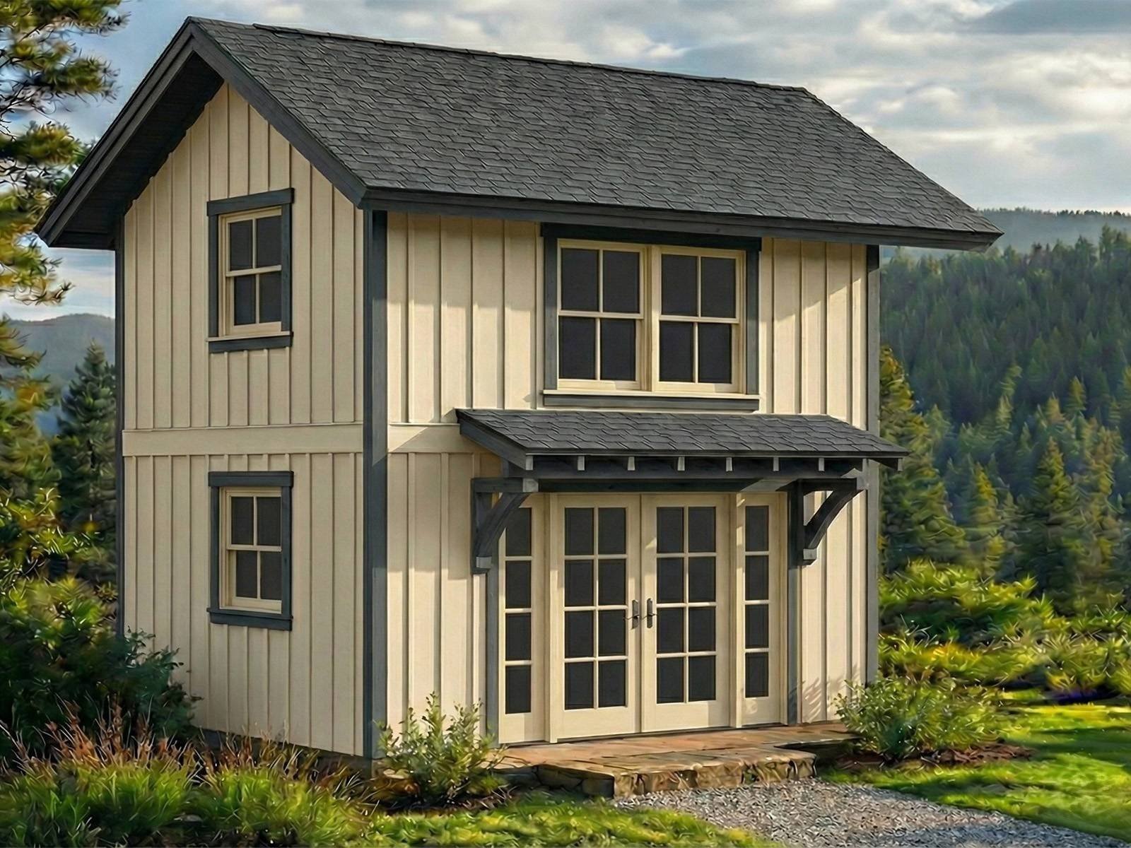 Ed's Backyard Builds Pine Ridge Bunkie with warm cream board and batten siding, shed roof awning, windows, and retreat-style backyard design