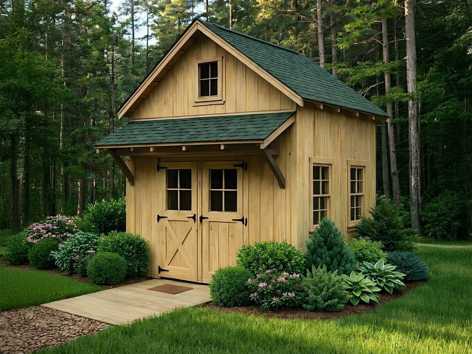 Ed's Backyard Builds Slade Mountain structure with pine board and batten siding, awning, and Appalachian-inspired cabin design